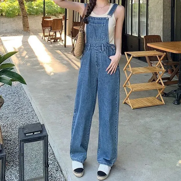 Women Fashion Casual Solid Color Wide-Leg Denim Jumpsuits