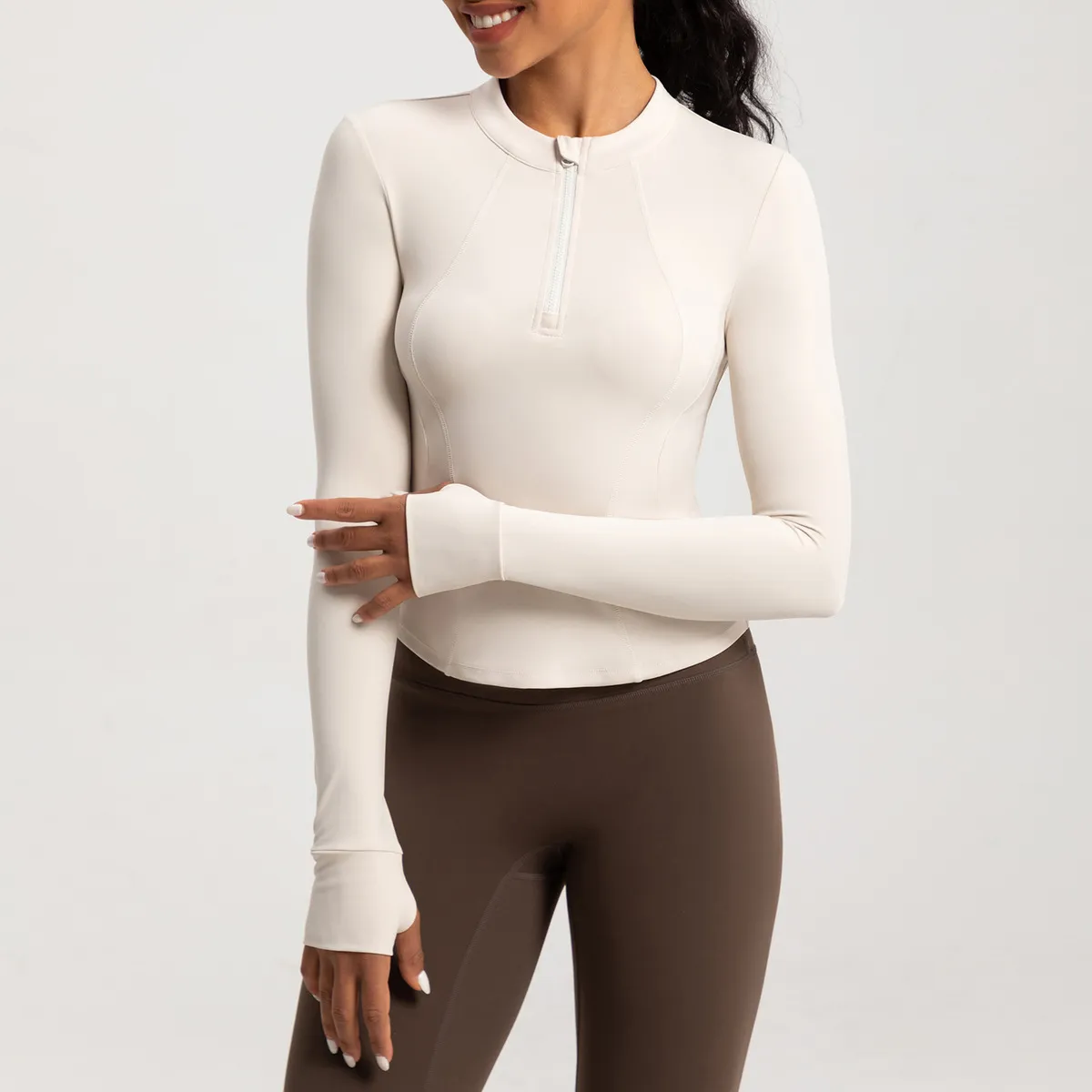 Women Fashion Solid Color Long-Sleeve Half-Zipper Tight Yoga Sports Top - Image 3