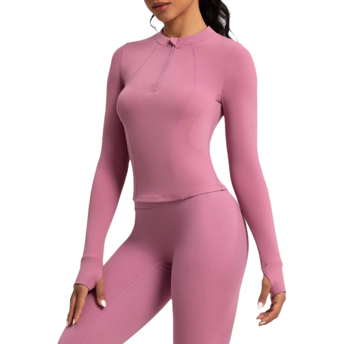 Women Fashion Solid Color Long-Sleeve Half-Zipper Tight Yoga Sports Top - Image 5