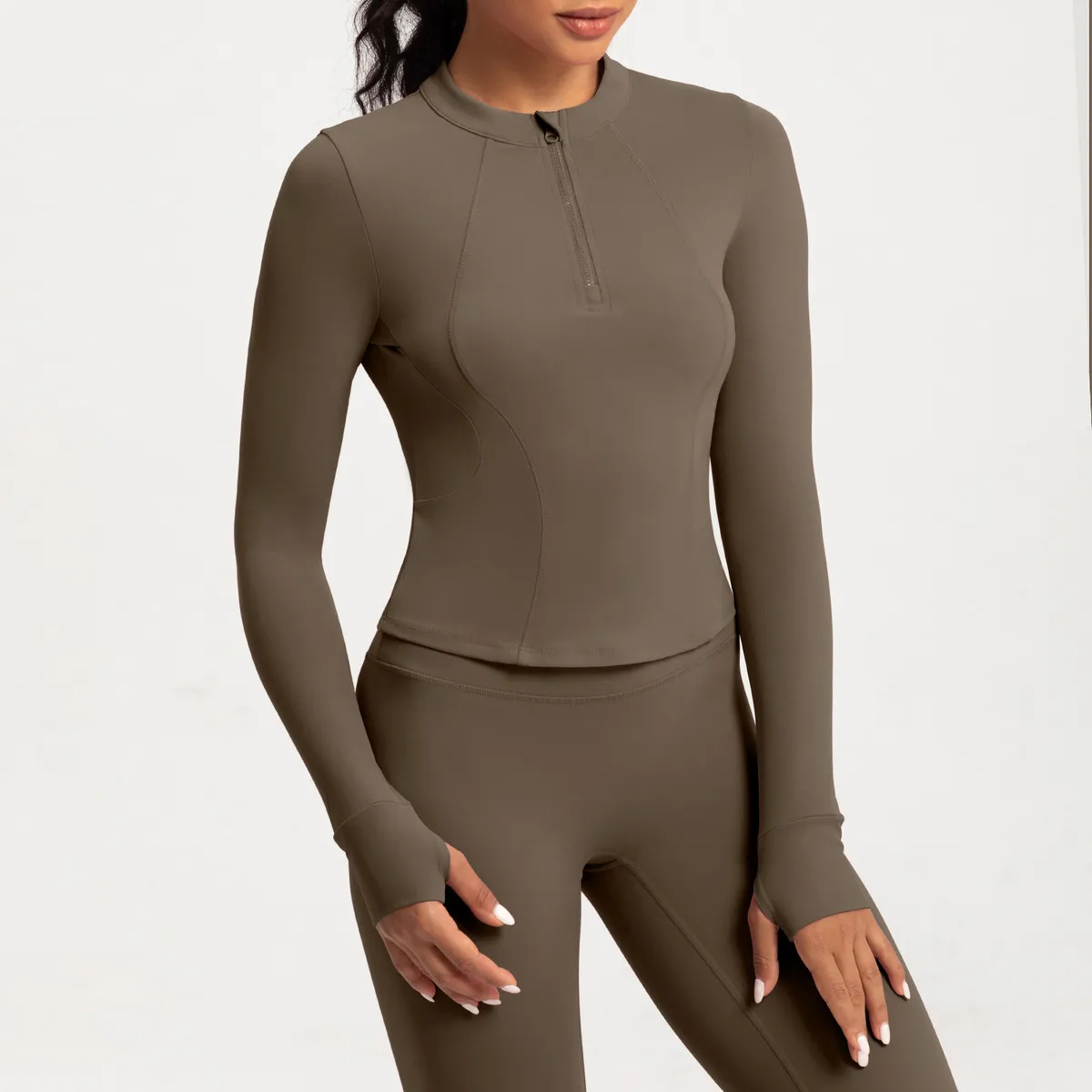 Women Fashion Solid Color Long-Sleeve Half-Zipper Tight Yoga Sports Top - Image 7