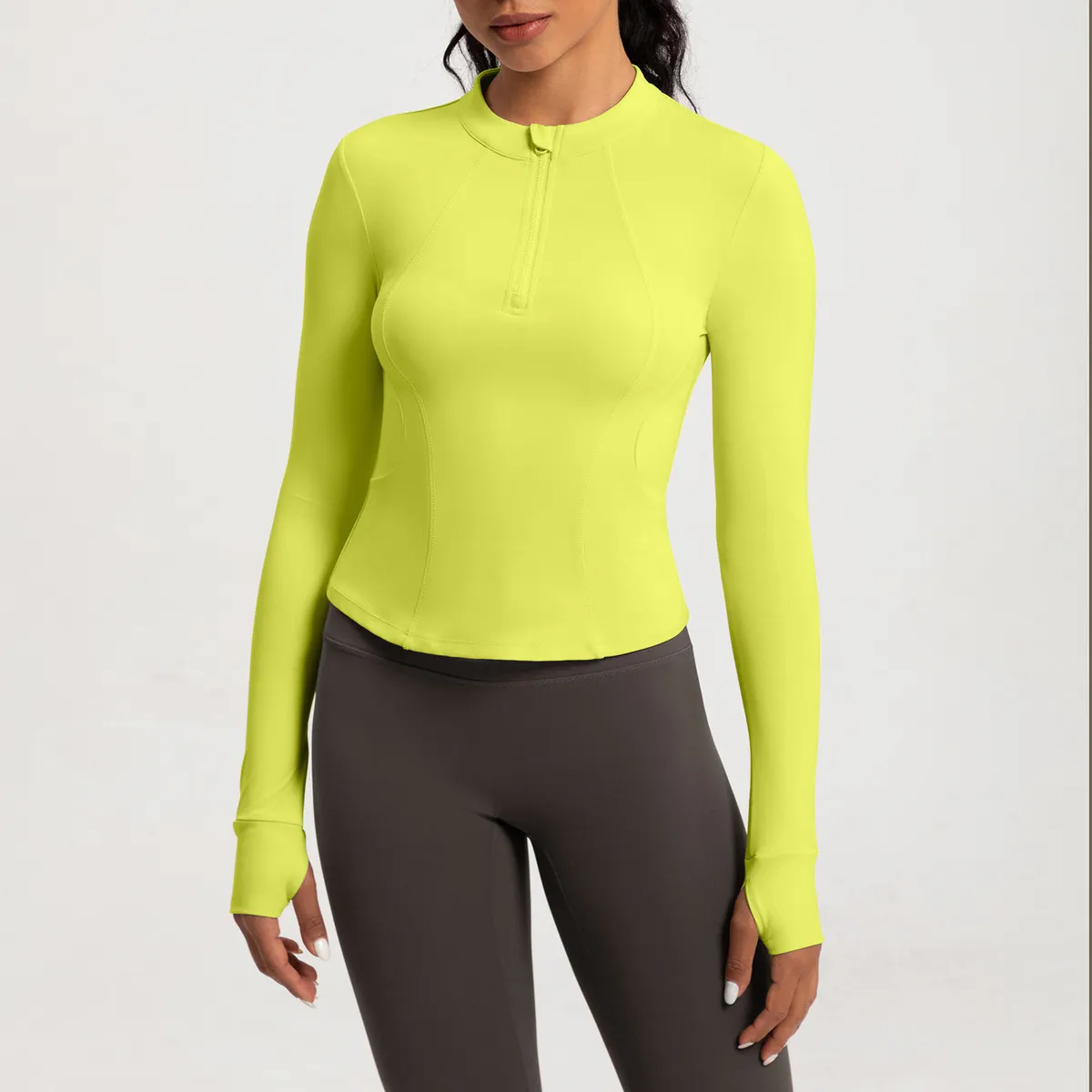 Women Fashion Solid Color Long-Sleeve Half-Zipper Tight Yoga Sports Top - Image 8