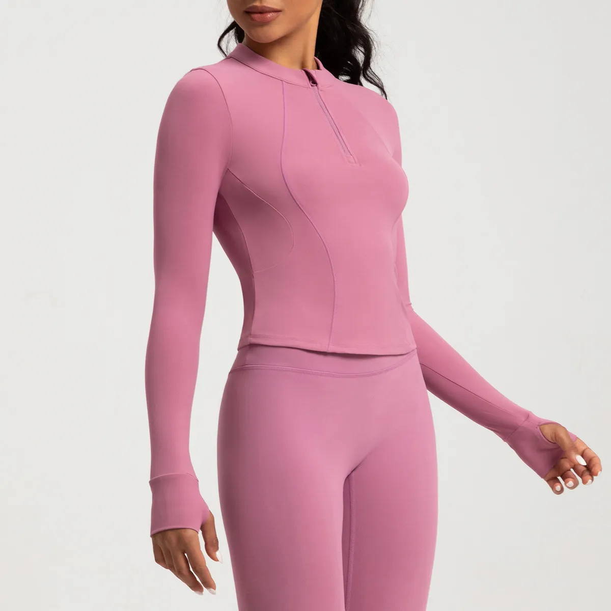 Women Fashion Solid Color Long-Sleeve Half-Zipper Tight Yoga Sports Top - Image 9