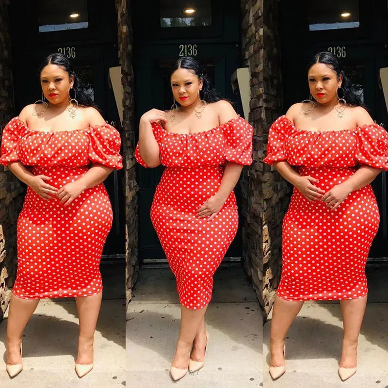 L-4XL Women Plus Size Off-the-Shoulder Lantern Sleeve Polka Dot Printed Bodycon Dress