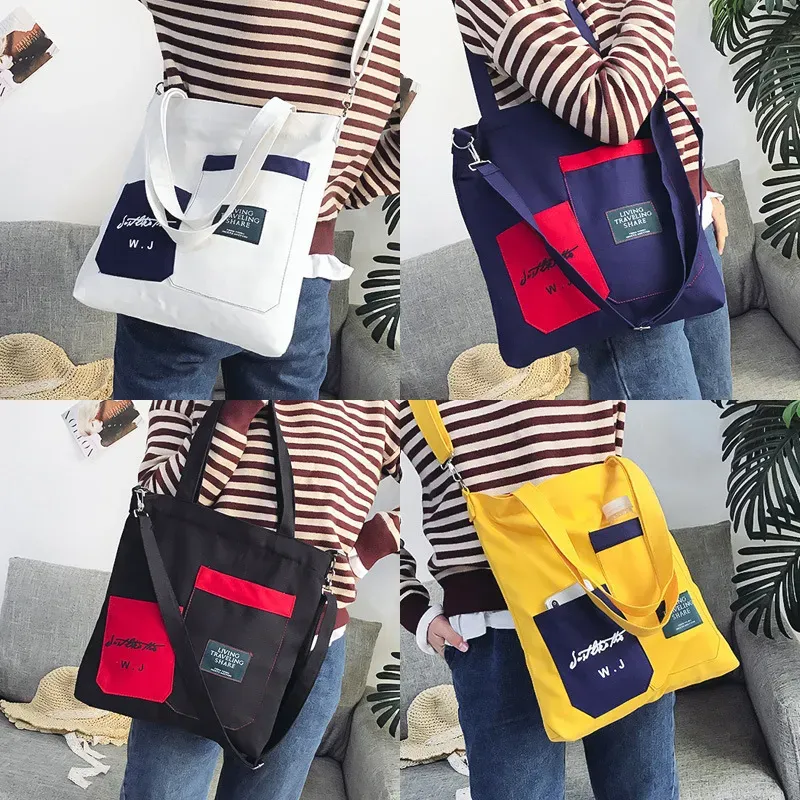 Block Color Large Capacity Canvas Zipper Shoulder Bag - Image 6