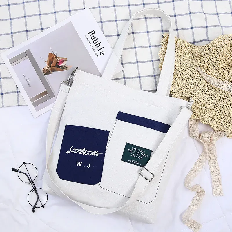 Block Color Large Capacity Canvas Zipper Shoulder Bag - Image 7