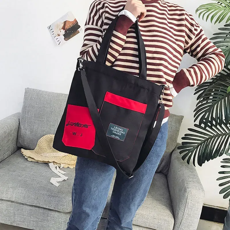 Block Color Large Capacity Canvas Zipper Shoulder Bag - Image 9