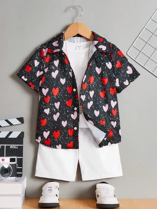 Wholesale Boys' Fashion Heart Print Short Sleeve Shirt And Shorts Two-Piece Set - Image 9