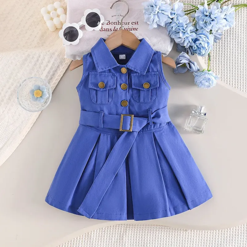Wholesale Kids Girl Fashion Casual Solid Color Lapel Sleeveless Pockets Belt Dress