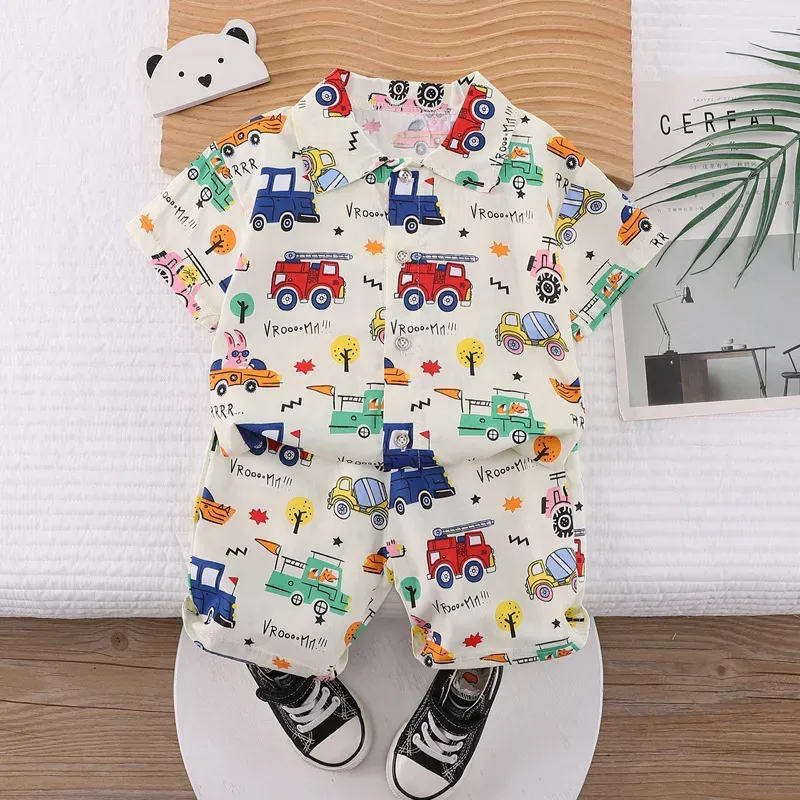 Wholesale Kids Baby Boys Casual Cute Cartoon Print Short Sleeve Lapel Shirt Shorts Sets - Image 34