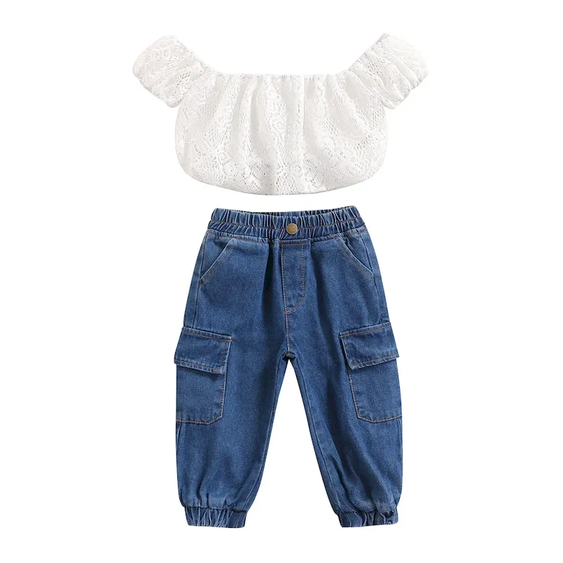 Wholesale Girls Simple Solid Color Short Sleeve Hollow Out Top And Denim Pants Set - Image 3
