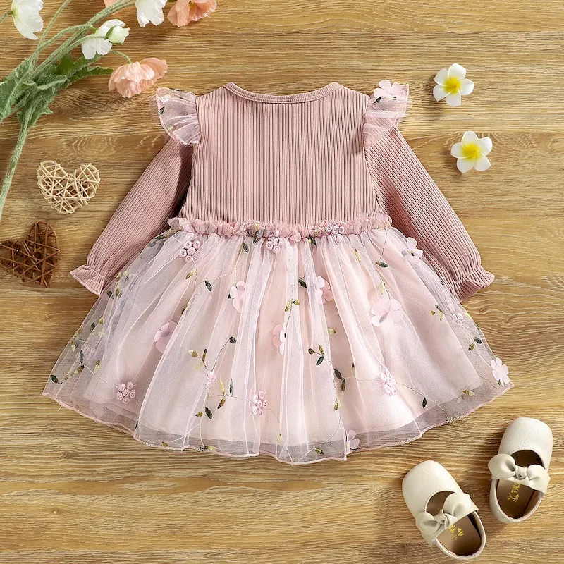 Wholesale Kids Baby Girls Fashion Cute Mesh Embroidered Bowknot Long Sleeve Dress - Image 4