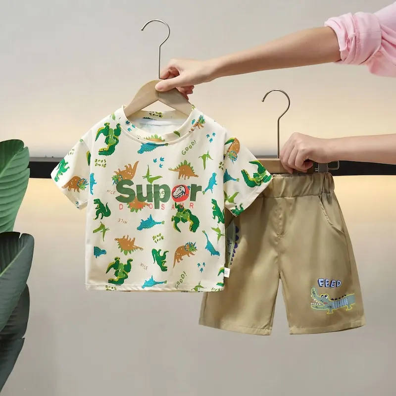 Wholesale Boy'S Fashion Casual Dinosaur Printed Short-Sleeved T-Shirt Shorts Two-Piece Set - Image 3