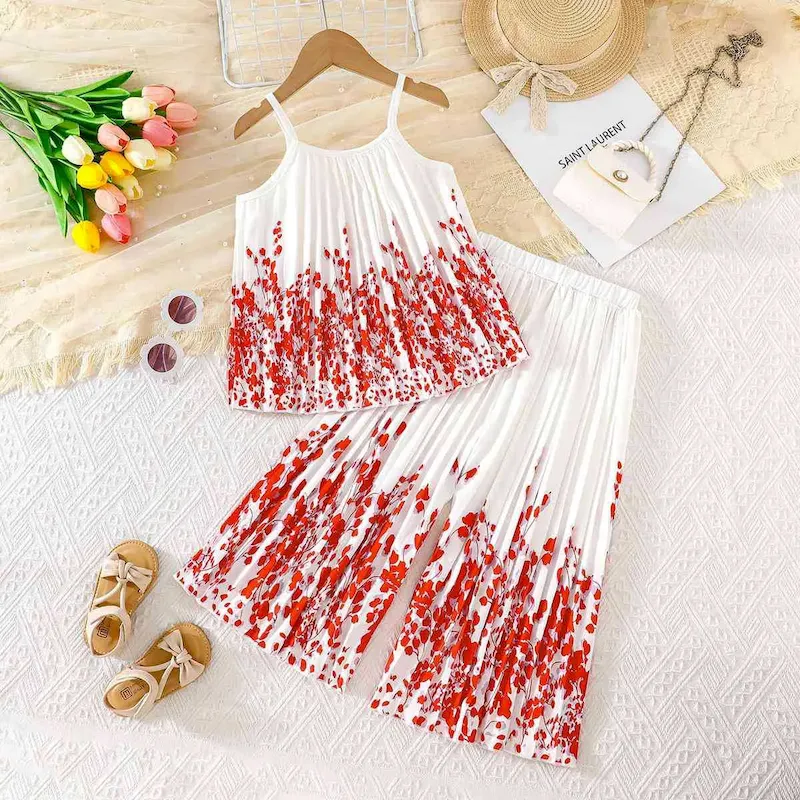 Wholesale Kids Girl'S Fashion Sweet Fresh Printed Pleated Camisole Loose Pants Two-Piece Set - Image 5