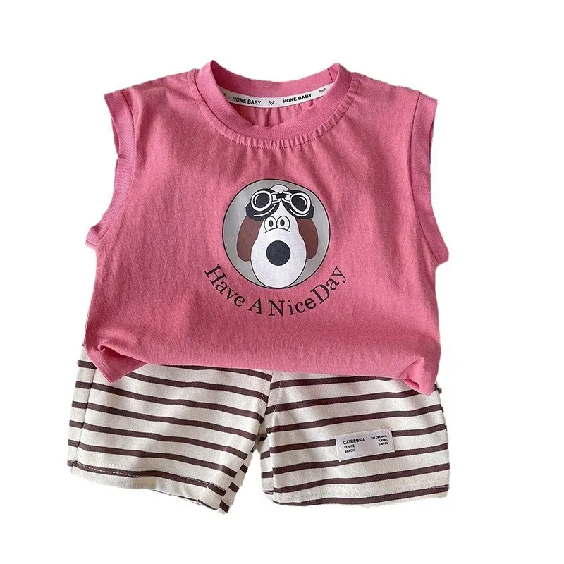 Wholesale Kids Toddler Boys Girls Casual Cute Cartoon Dog Alphabet Print Sleeveless Top Stripe Shorts Sets - Image 6