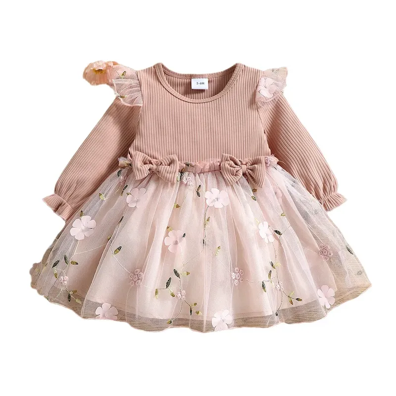 Wholesale Kids Baby Girls Fashion Cute Mesh Embroidered Bowknot Long Sleeve Dress - Image 5