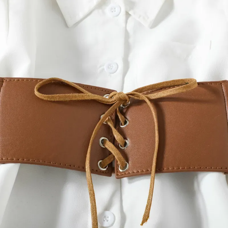 Wholesale Children Kids Toddler Girls Solid Color Lapel White Dresss And Belt 2pcs Set - Image 5