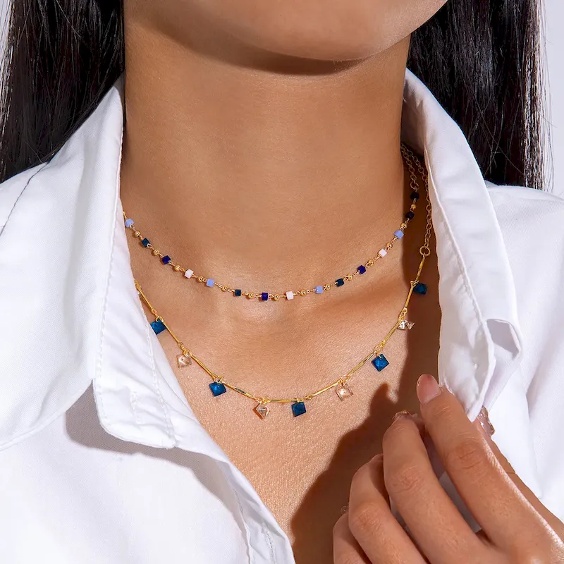 Wholesale Fashion Multicolor Rhinestone Tassel Multilayer Necklace