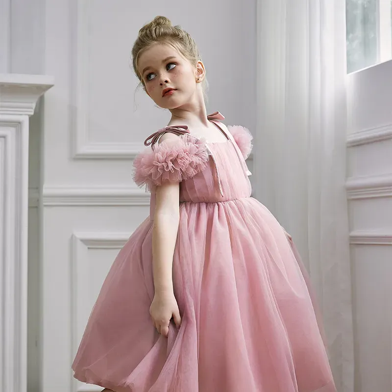 Wholesale Kids Girls' Fashion Elegant Mesh Sleeveless Lace-Up Party Princess Dress - Image 3