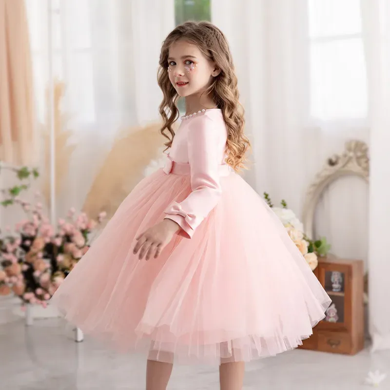 Wholesale Kids Toddler Big Girls Casual Party Solid Color Mesh Long Sleeve Pearl Round Neck Tutu Princess Dress - Image 3