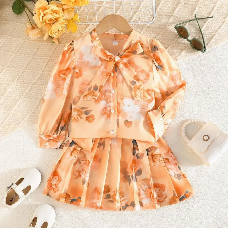 Wholesale Kids Girls Fashion Casual Flower Printed Lapel Long-Sleeve Shirts Pleated Skirts Two-Piece Set - Image 9
