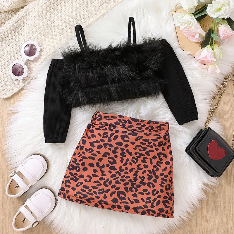 Wholesale Toddlers Newborn Baby Knitted Long-Sleeved Strapless Tube Top And Leopard Skirt 2pcs Set - Image 5