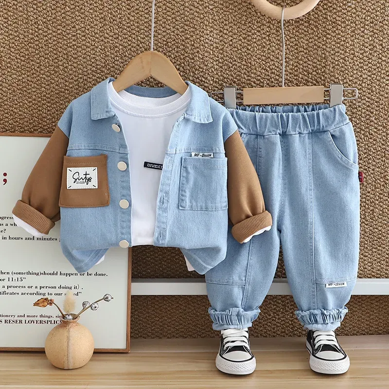 Wholesale Boys' Fashion Casual T-Shirt Lapel Splicing Long-Sleeve Denim Jacket Jeans Three-Piece Set