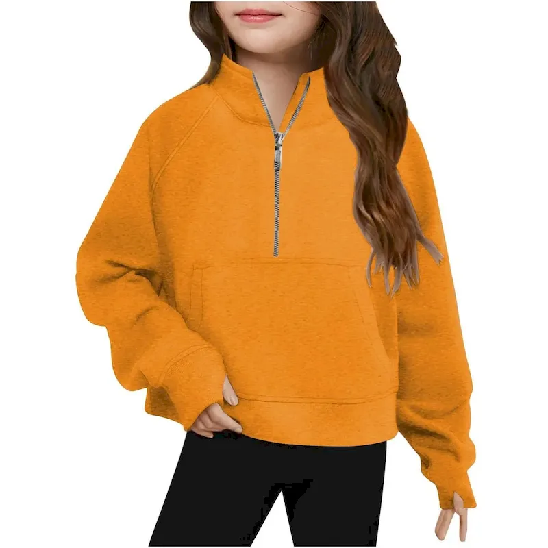 Wholesale Kids Girls' Fashion Casual Autumn Solid Color Half-Zipper Long-Sleeve Loose Sweatshirt - Image 25