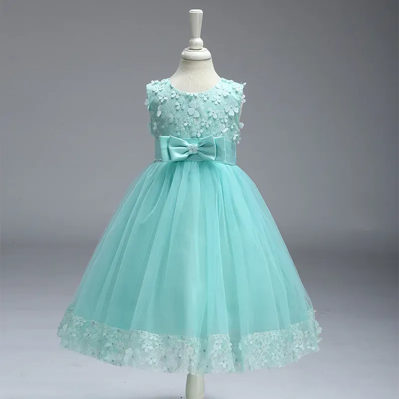 Wholesale Kids Girls Fashion Elegant Solid Color Lace Bowknot Mesh Sleeveless Princess Dress - Image 4