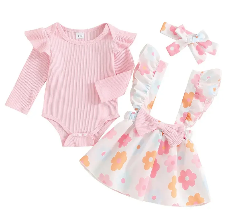Wholesale Kids Baby Girls Fashion Cute Floral Printed Long Sleeve Rompers Sleeveless Bowknot Dress Hairband Three-Piece Set - Image 4