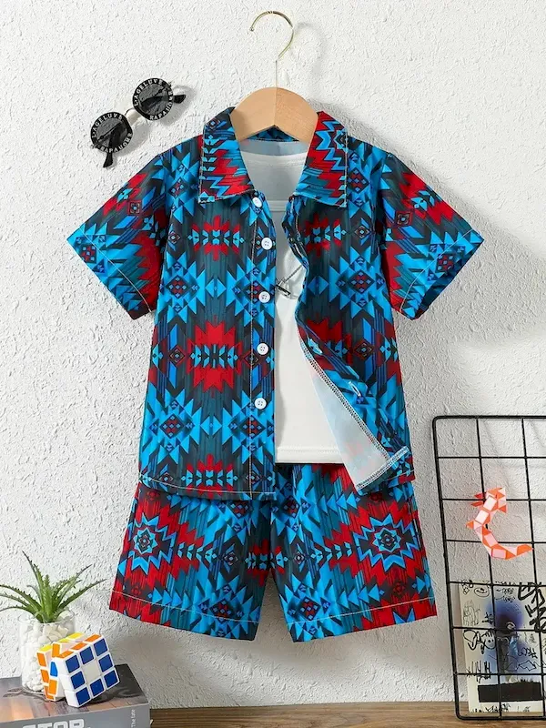 Wholesale Boys Fashion Casual Vacation Printed Short-Sleeve Blouse Loose Shorts Two-Piece Set - Image 37