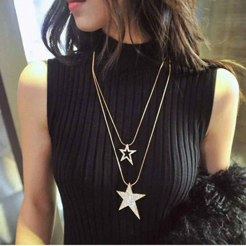 Wholesale Wholesale Women Autumn And Winter Fashion Double Layer Star Pendant Rhinestone Sweater Chain Long Necklace