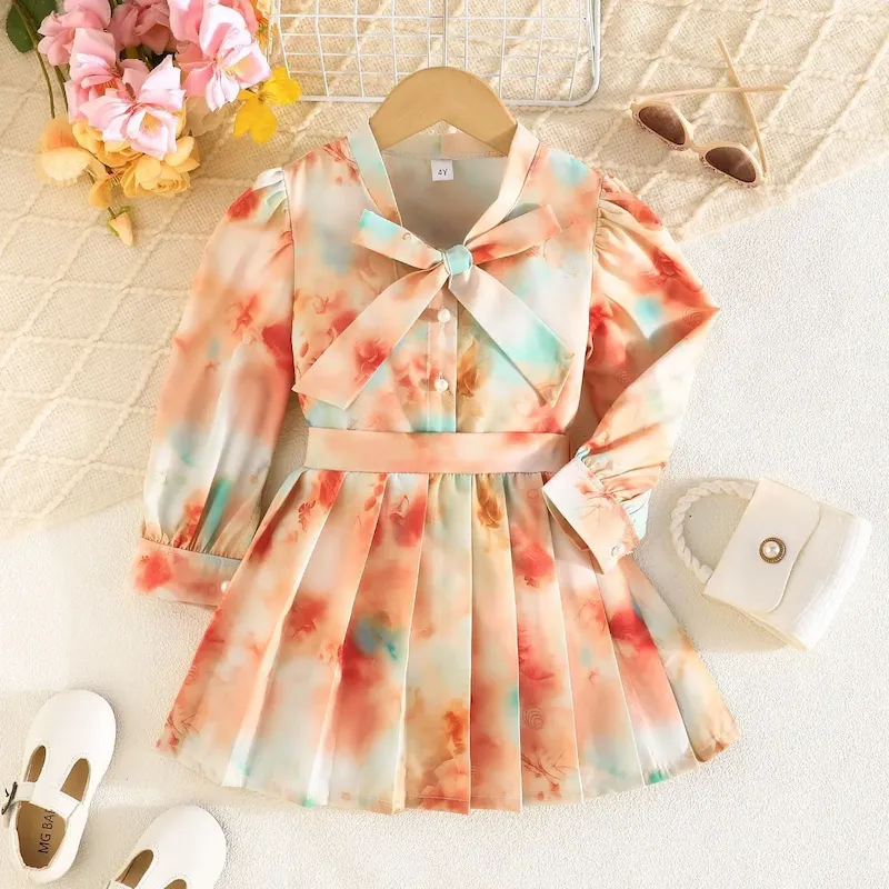 Wholesale Kids Girls Fashion Casual Flower Printed Lapel Long-Sleeve Shirts Pleated Skirts Two-Piece Set - Image 10