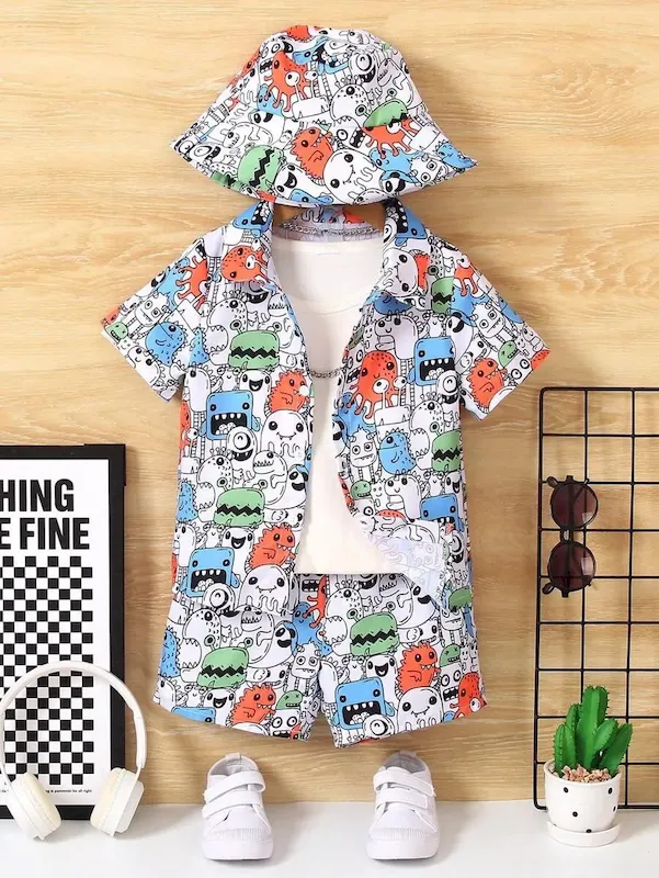 Wholesale Boys' Fashion Heart Print Short Sleeve Shirt And Shorts Two-Piece Set - Image 19