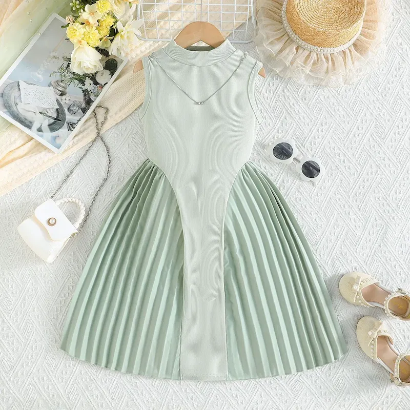 Wholesale Kids Girl'S Fashion Elegant Solid Color Pleated Stitching Sleeveless Dress - Image 7