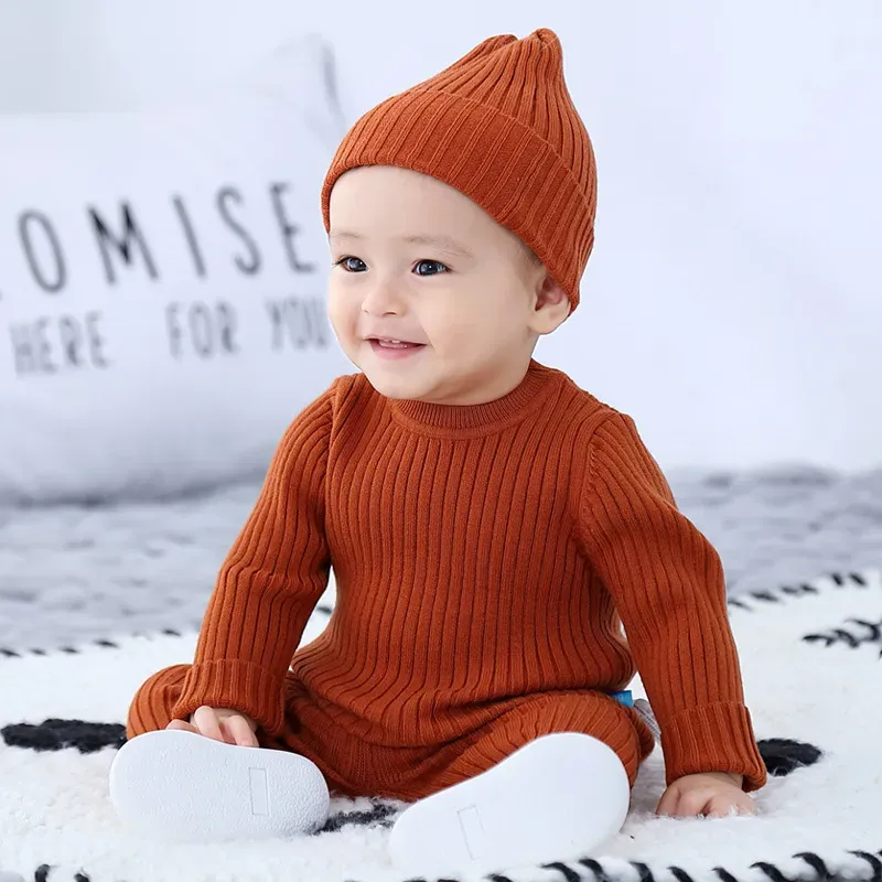 Wholesale Toddlers Newborn Baby Fashion Girls Boys Casual Basic Long Sleeve Solid Color Knitted Top And Pants Set - Image 4