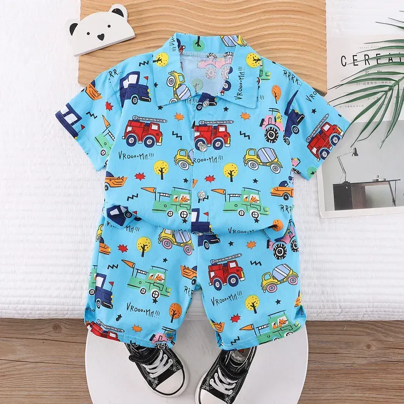 Wholesale Kids Baby Boys Casual Cute Cartoon Print Short Sleeve Lapel Shirt Shorts Sets - Image 35