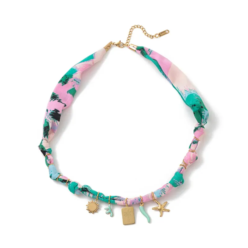 Wholesale Beach Series Necklace Marine Life Multicolor Floral Shell Pendant Silk Scarf Cloth Strip Necklace - Image 14