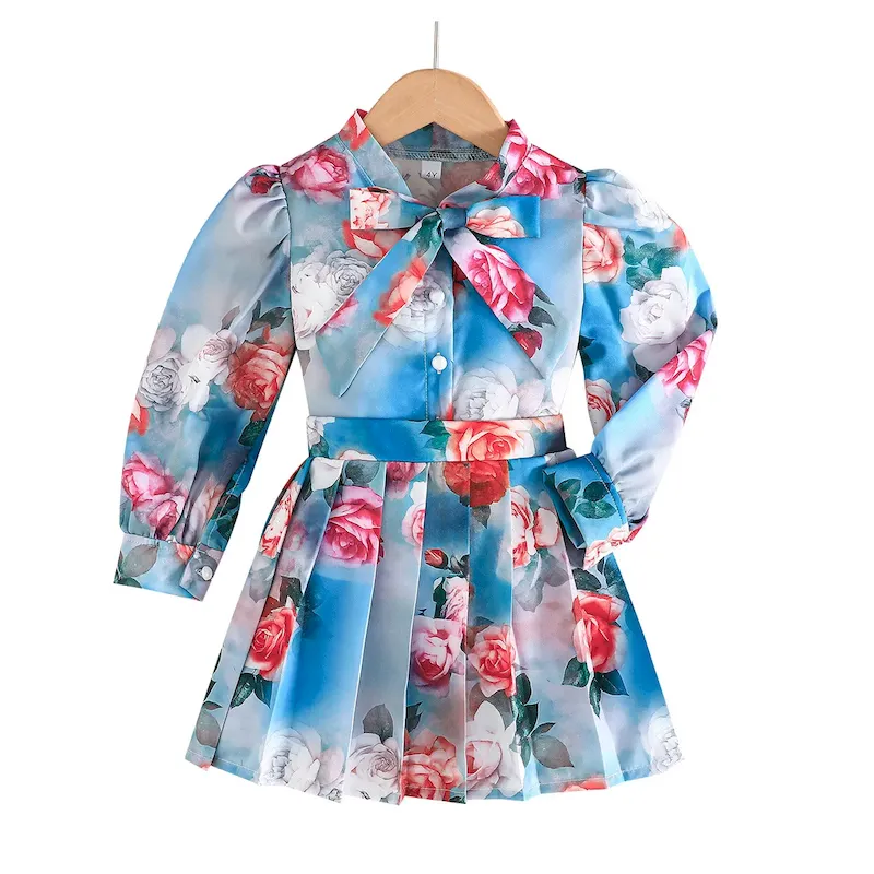 Wholesale Kids Girls Fashion Casual Flower Printed Lapel Long-Sleeve Shirts Pleated Skirts Two-Piece Set - Image 5