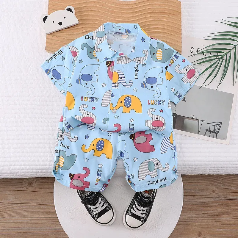 Wholesale Kids Baby Boys Casual Cute Cartoon Print Short Sleeve Lapel Shirt Shorts Sets - Image 5