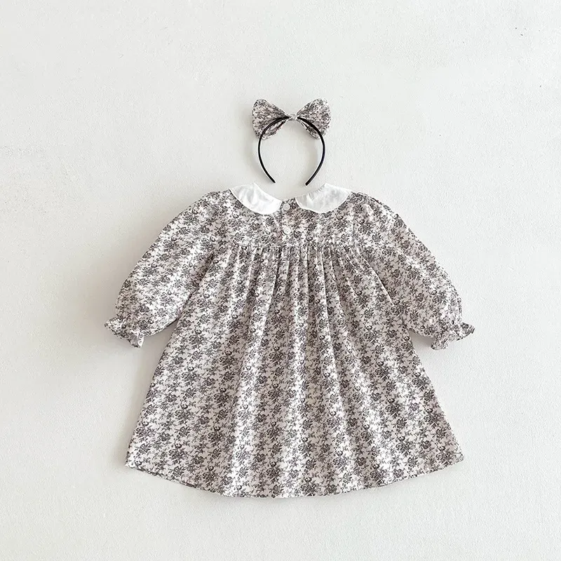 Wholesale Kids Girls Fashion Autumn Floral Printed Lace Lapel Long Sleeve Dress - Image 3