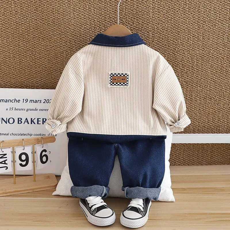 Wholesale Kids Toddler Boys Fashion Casual Smiley Print Long Sleeve T-Shirt Stripe Long Sleeve Shirt Jeans Three-Piece Set - Image 5