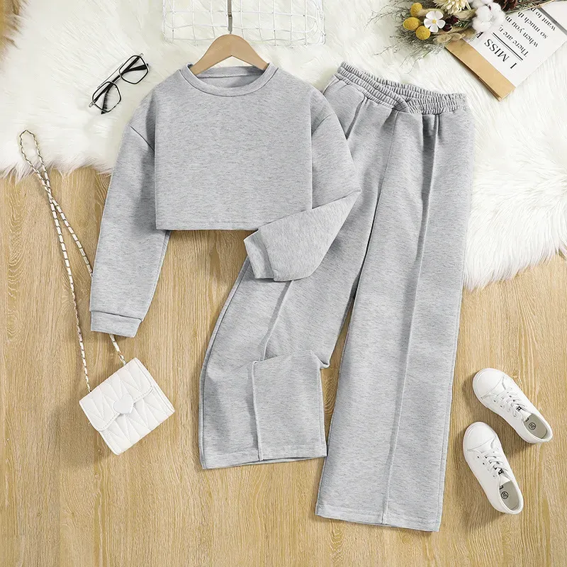 Wholesale Kids Girls Fashion Casual Solid Color Long-Sleeve Sweatshirt Wide-Leg Pants Two-Piece Set - Image 6