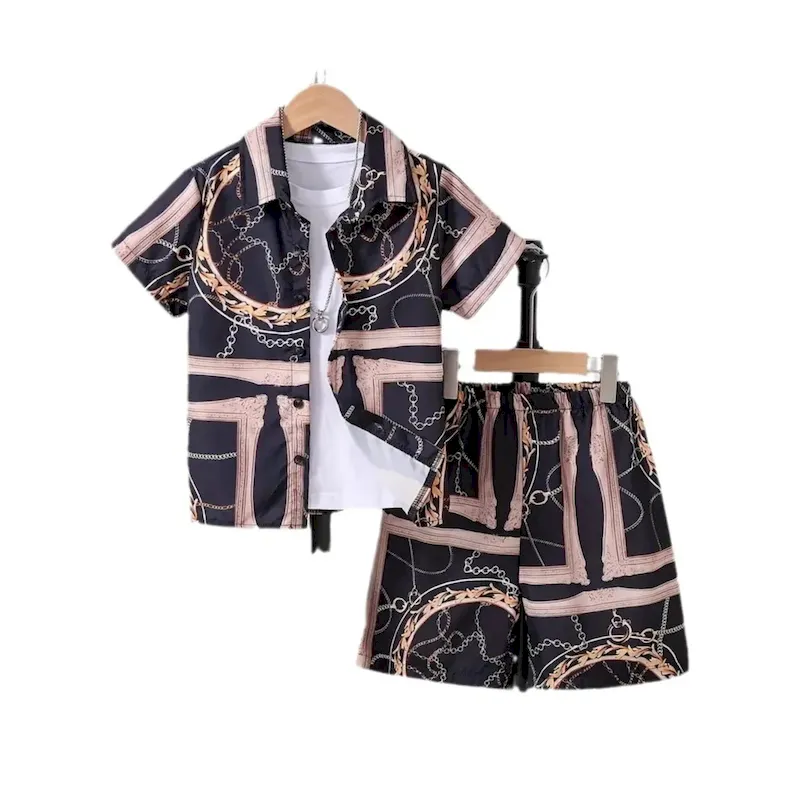 Wholesale Boys Fashion Casual Vacation Printed Short-Sleeve Blouse Loose Shorts Two-Piece Set - Image 5