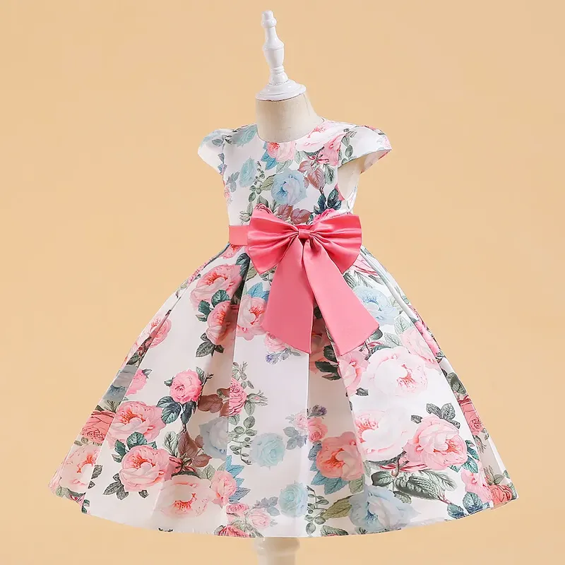 Wholesale Kids Girl'S Fashion Elegant Satin Floral Printed Bowknot Puff Sleeve Dress - Image 5