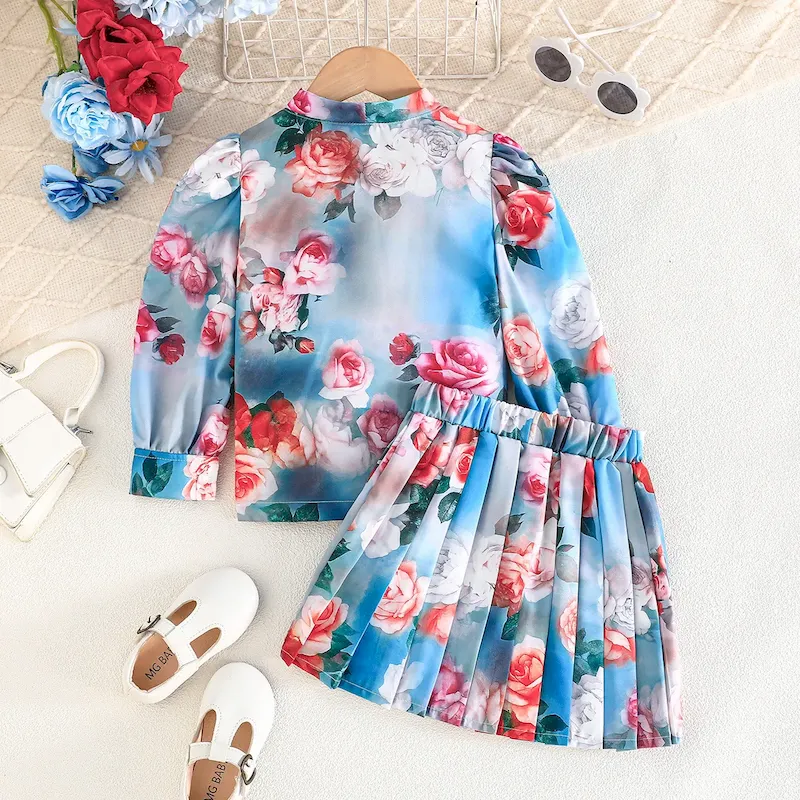 Wholesale Kids Girls Fashion Casual Flower Printed Lapel Long-Sleeve Shirts Pleated Skirts Two-Piece Set - Image 4