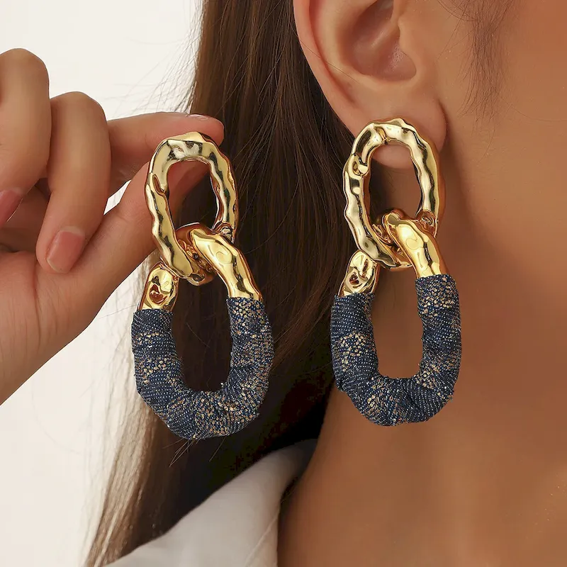 Wholesale Women Fashion Exaggerated Pleated Oval Faux Leather Wrap Denim Earrings - Image 20