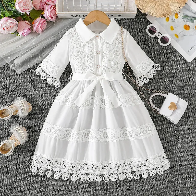 Wholesale Kids Girls Fashion Elegant Solid Color Lace Embroidered Lapel Short-Sleeve Lace-Up Dress - Image 6