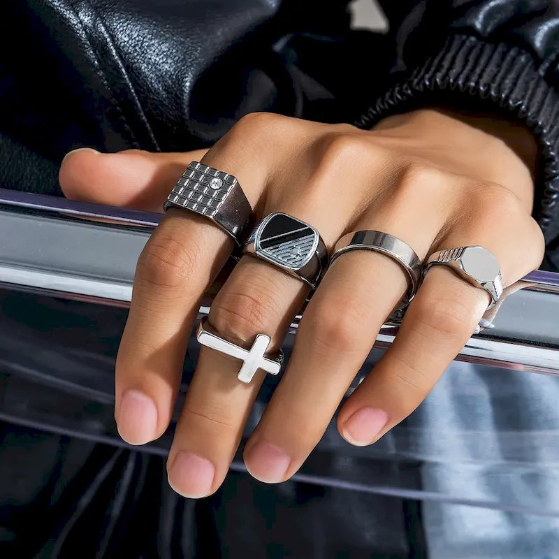 Wholesale Men Fashion Casual Vintage Titanium Steel Cross Ring Sets