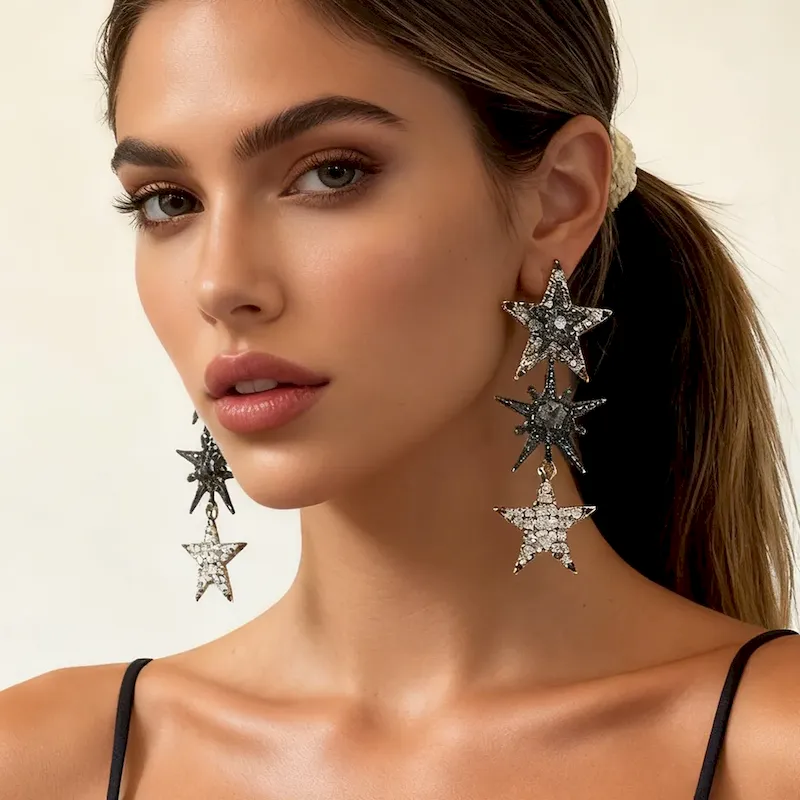 Wholesale Women Fashion Exaggerated Alloy Rhinestone Five-Pointed Star Stitching Long Earrings