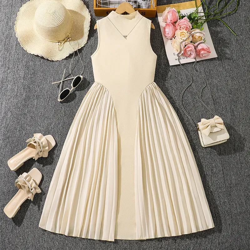 Wholesale Kids Girl'S Fashion Elegant Solid Color Pleated Stitching Sleeveless Dress - Image 6